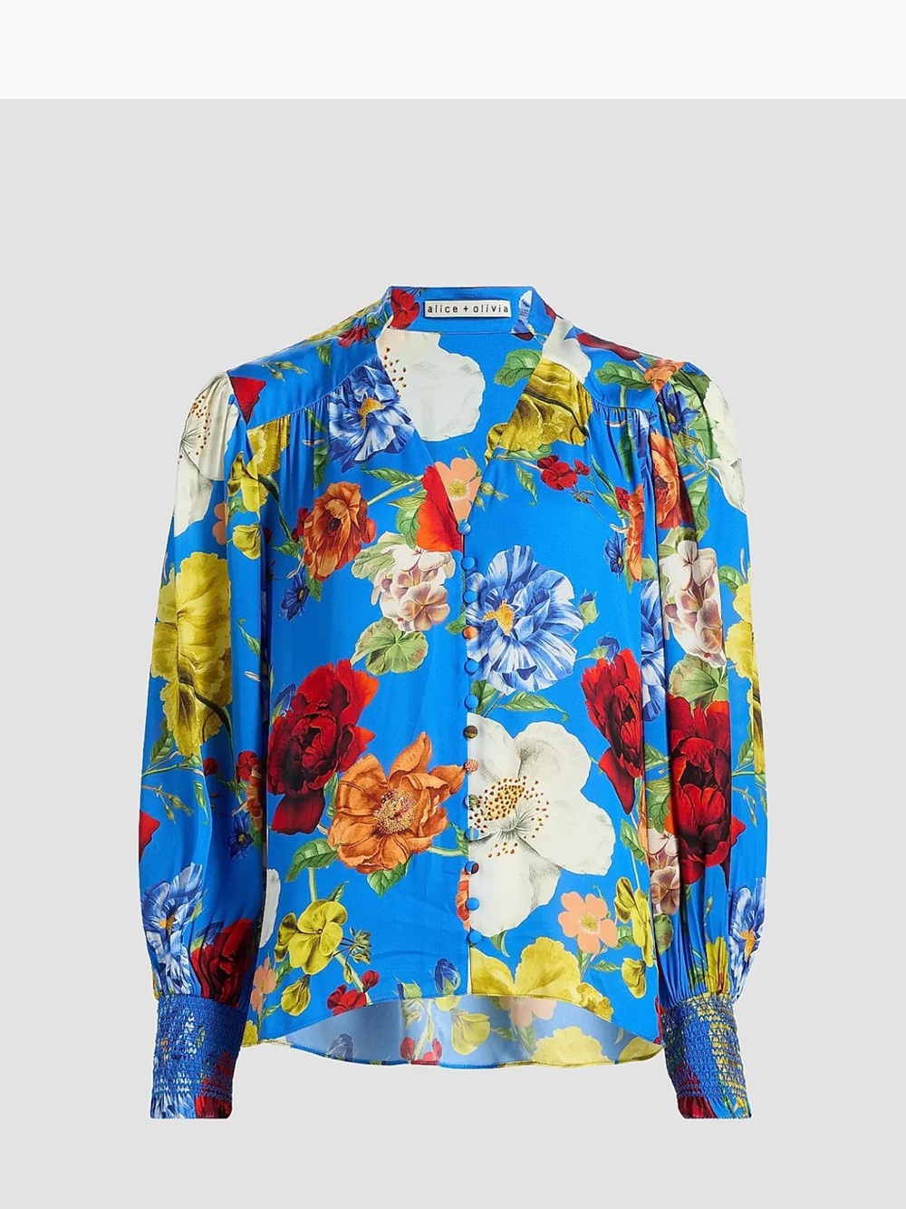 Alice + Olivia Bright Blue Floral V-Neck Button Blouse - Picture 7 of 11
